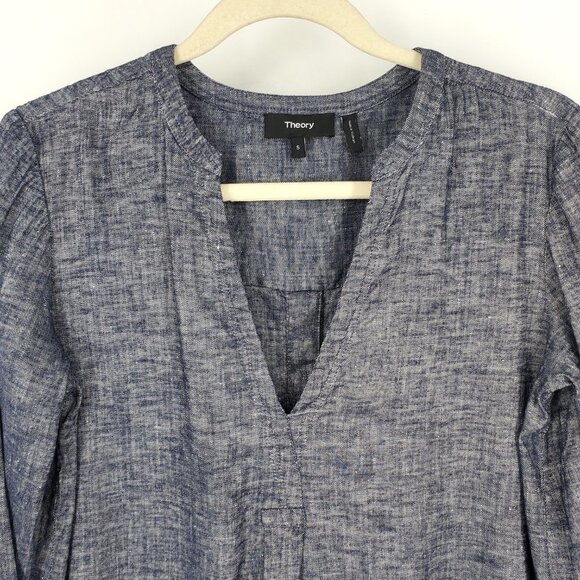 Theory Ofeliah Tierra Wash Pleated Tunic Top Blue Linen Blend Small - Picture 5 of 10